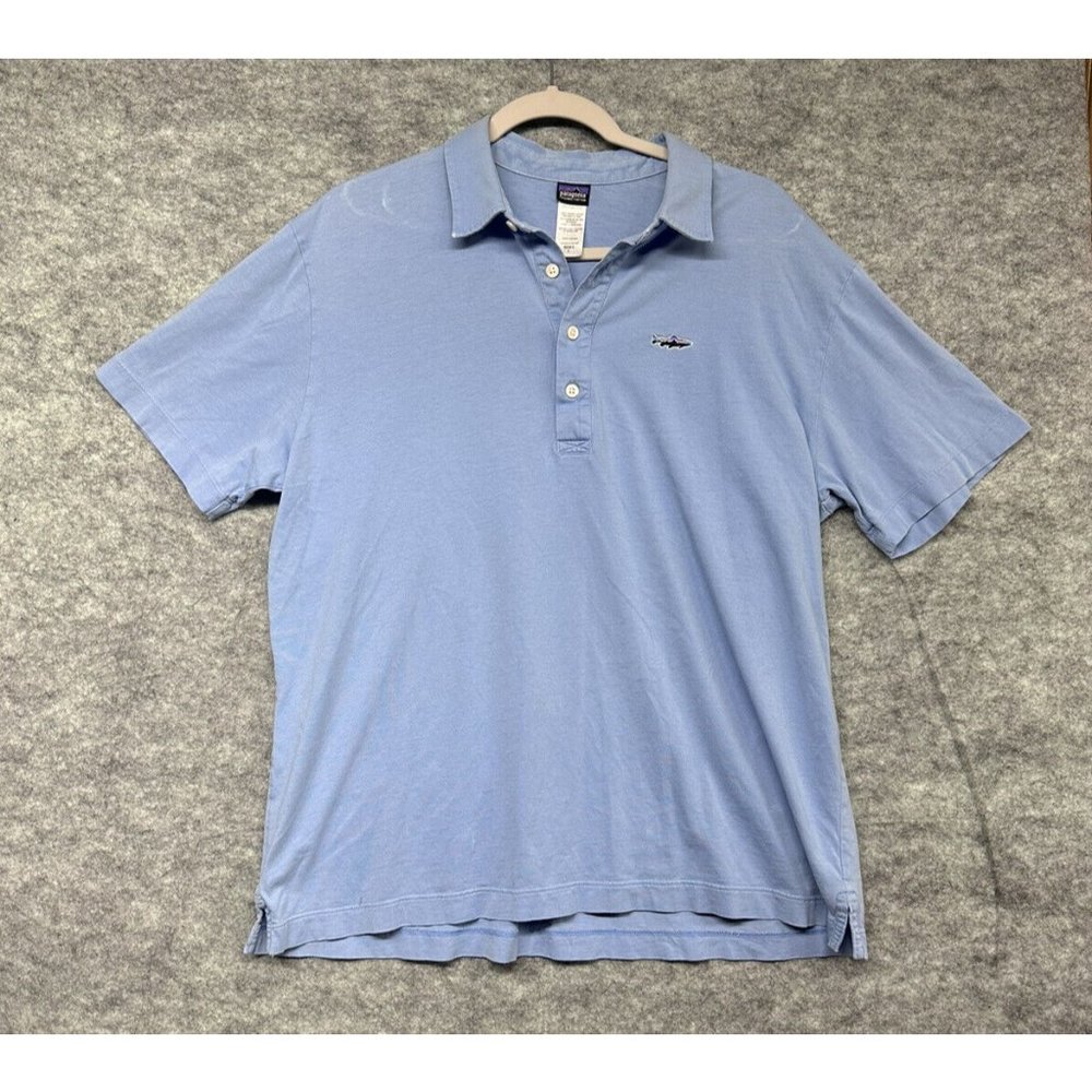 Patagonia Polo Shirt Mens Large Blue Embroidered Logo Preppy Rugby Short Sleeve